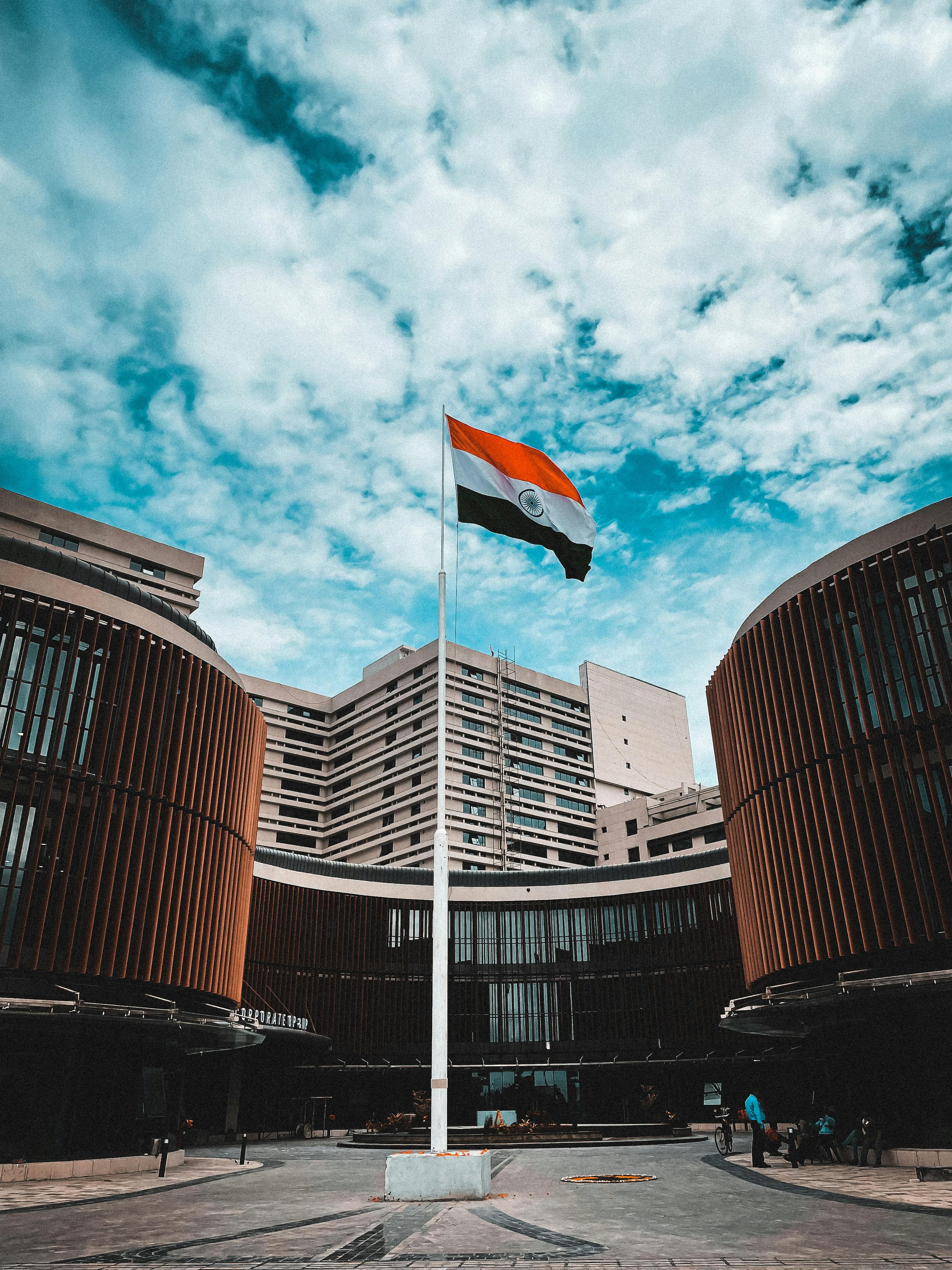 Modern building with Indian national flag in Mumbai, India
